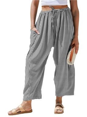 Gingham Wide-Leg Drawstring Pants - Black/White
